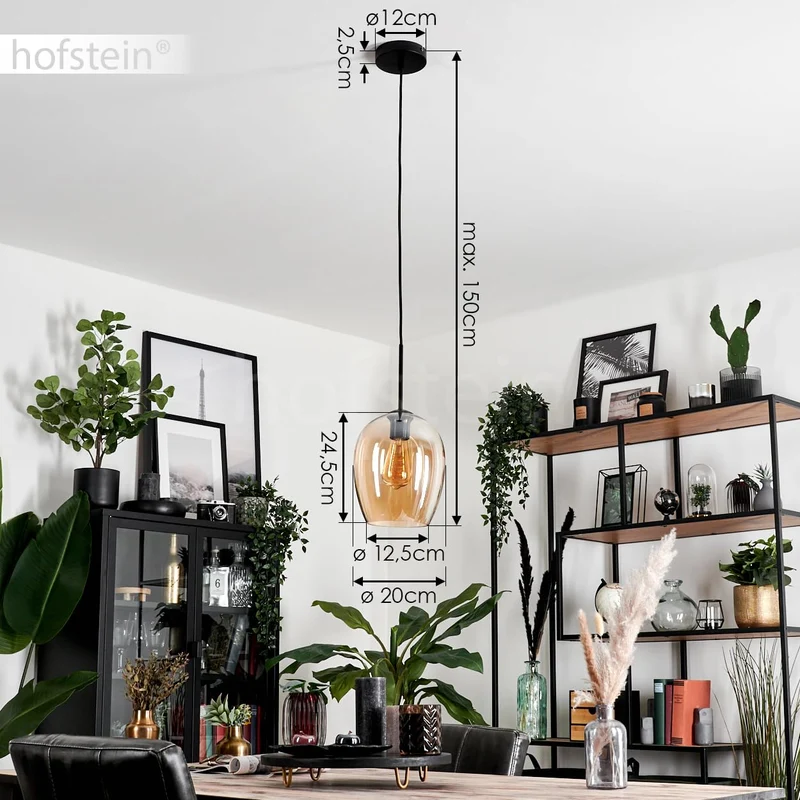 Suspension Vevino, suspension en métal/verre en noir/ambre, luminaire avec abat-jour en verre (Ø 20 cm), hauteur max. 150 cm, 1 x E27, ampoule(s) non incluse(s)