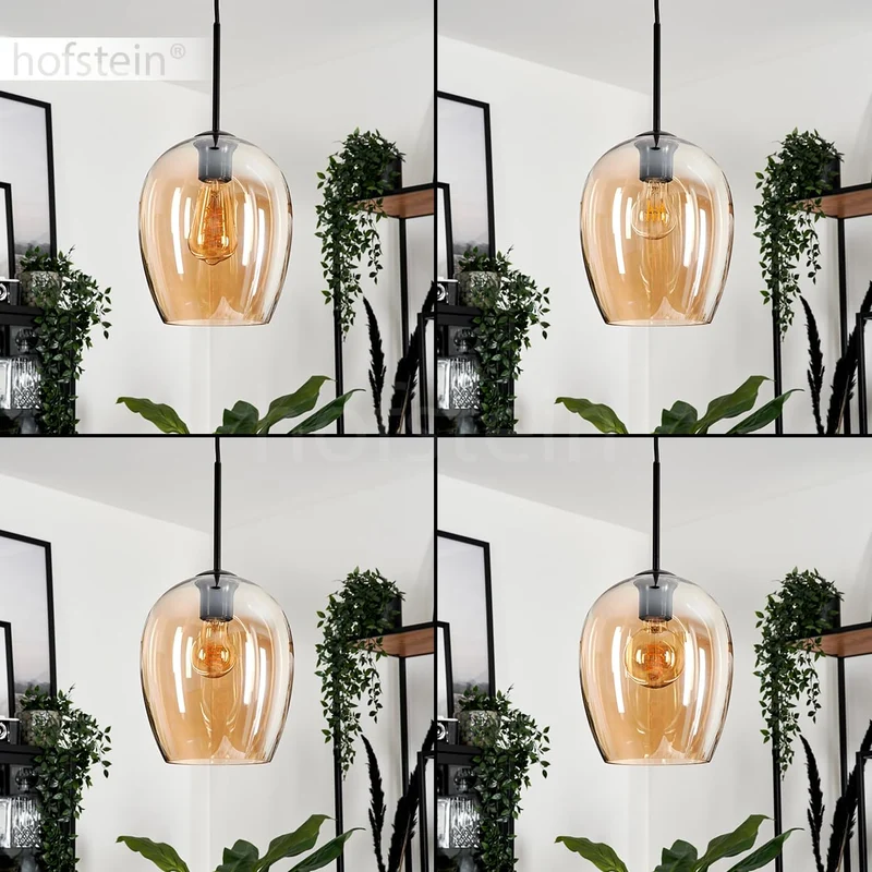 Suspension Vevino, suspension en métal/verre en noir/ambre, luminaire avec abat-jour en verre (Ø 20 cm), hauteur max. 150 cm, 1 x E27, ampoule(s) non incluse(s)