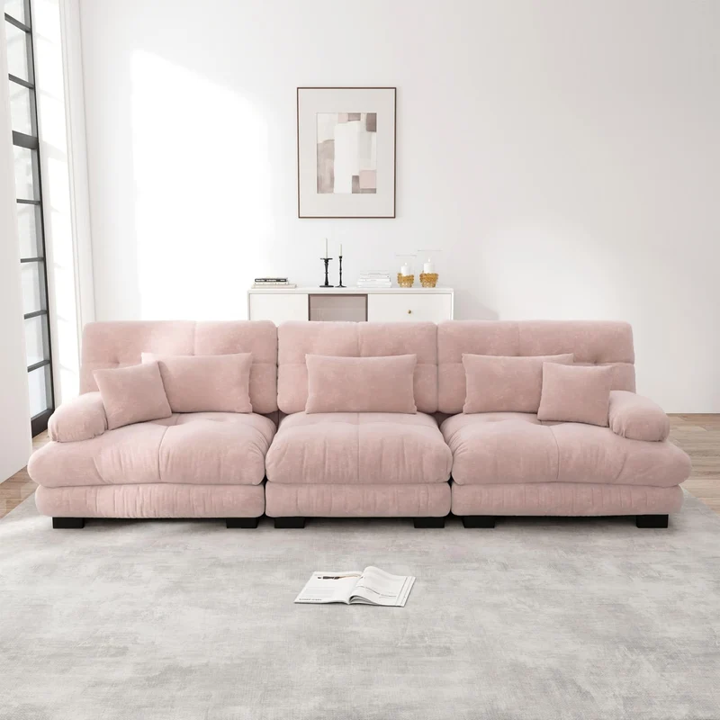 EURHCIO Canapé 3 Places en Chenille,Canapé Modulable avec Coussin et Accoudoirs Rembourrés Circulaires,pour Salon,Bureau et Home Cinéma (Rose)