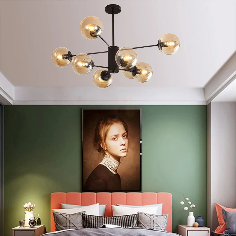 DRYIC Lustre, Lustre Suspension Globes En Verre Spoutnik Suspension Pour Îlot de Cuisine Salon Chambre Salle À Manger/Amber/8-