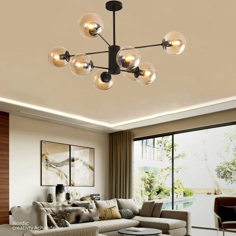 DRYIC Lustre, Lustre Suspension Globes En Verre Spoutnik Suspension Pour Îlot de Cuisine Salon Chambre Salle À Manger/Amber/8-