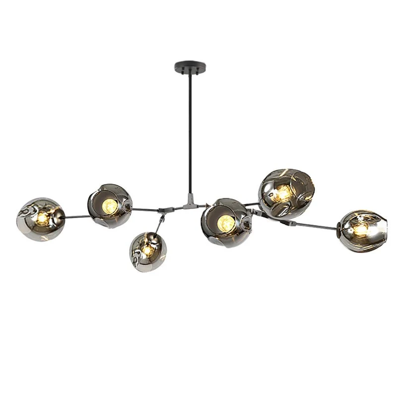 Lustre à branches en boule de verre de 71 po, lustre Spoutnik E26 à hauteur réglable, suspension globe Starburst à 8 lumières du milieu du siècle, luminaires en métal soufflé à la main, suie dégradée