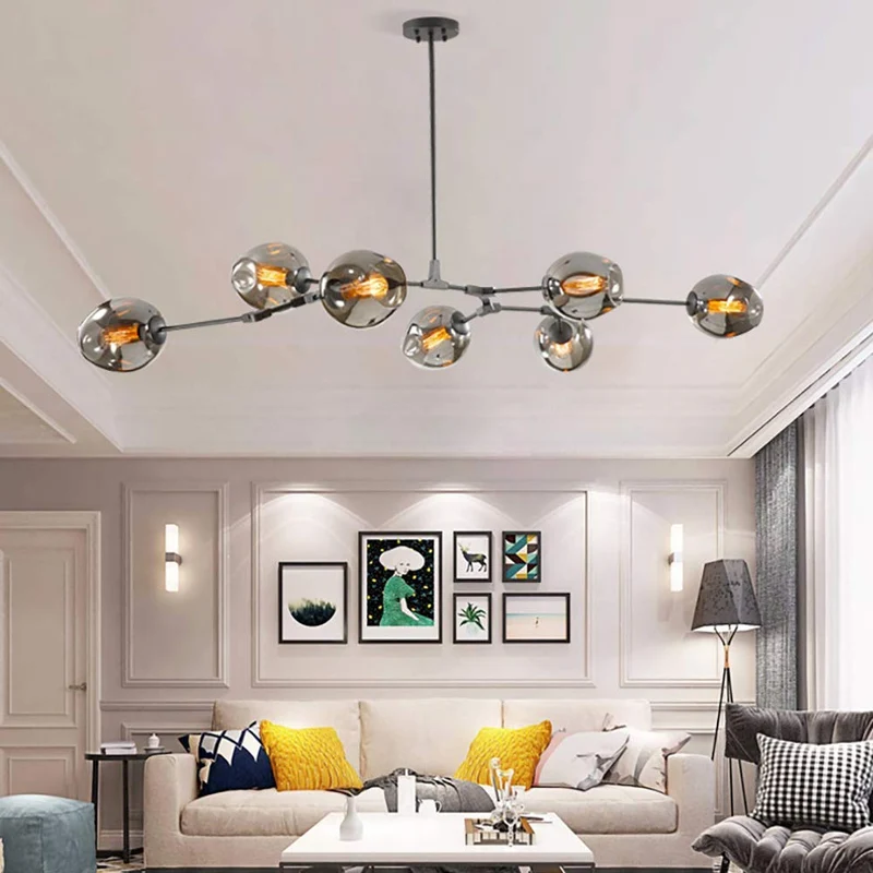 Lustre à branches en boule de verre de 71 po, lustre Spoutnik E26 à hauteur réglable, suspension globe Starburst à 8 lumières du milieu du siècle, luminaires en métal soufflé à la main, suie dégradée