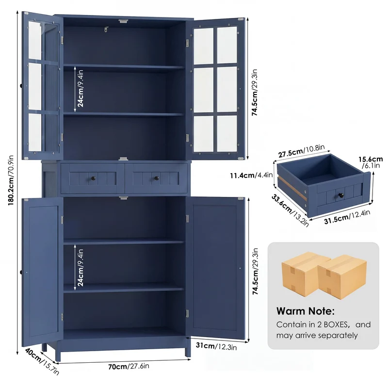 HOCSOK Buffet Cuisine, 180 cm Haut Vaisselier avec 2 Portes Vitrées, Armoire de Cuisine avec 4 Portes et 2 Tiroirs, Vitrine pour Salle à Manger, Bureau, Salon, Moderne, Bleu