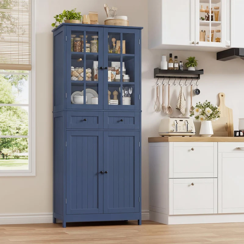 HOCSOK Buffet Cuisine, 180 cm Haut Vaisselier avec 2 Portes Vitrées, Armoire de Cuisine avec 4 Portes et 2 Tiroirs, Vitrine pour Salle à Manger, Bureau, Salon, Moderne, Bleu