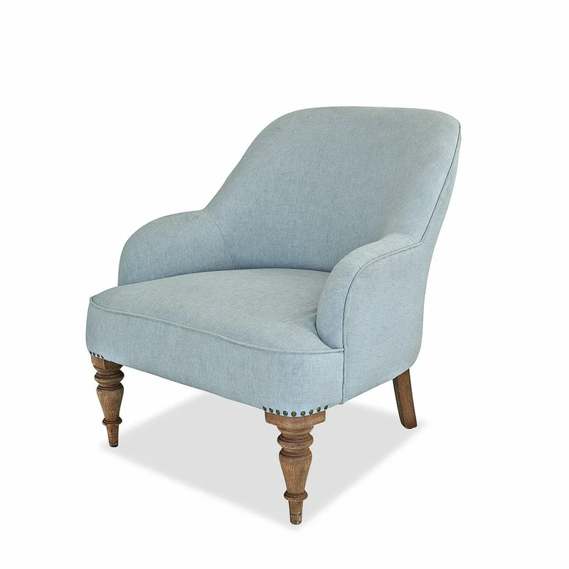 Loberon Fauteuil Ainsley, pieds tournés à la main, rivets sur les pieds, grand confort d'assise, design intemporel, siège, lin, bois de manguier, bleu
