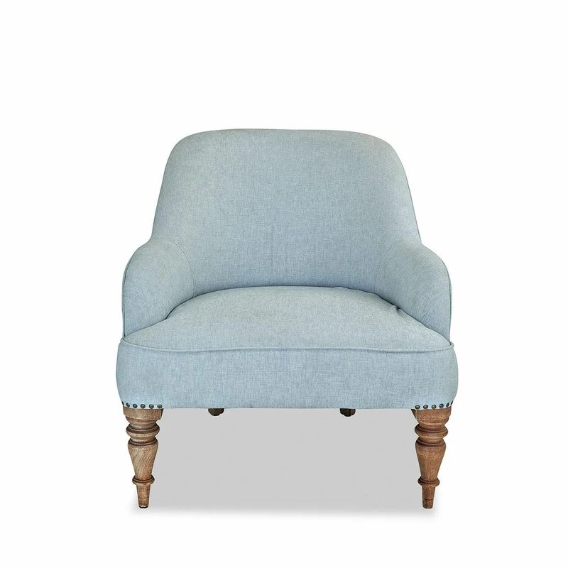 Loberon Fauteuil Ainsley, pieds tournés à la main, rivets sur les pieds, grand confort d'assise, design intemporel, siège, lin, bois de manguier, bleu