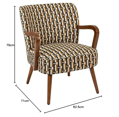Atmosphera Créateur d'Intérieur - Fauteuil Chiara Tissu Chenille Noir Ocre Rétro Vintage Bois Hévéa Accoudoirs Semi-Ferme pour Salon, Bureau, Chambre
