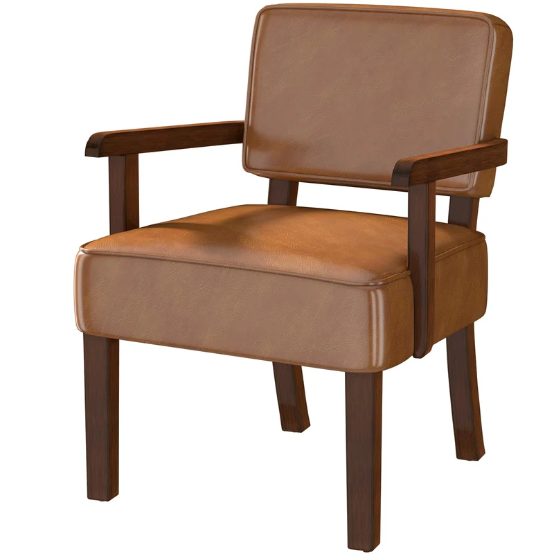 EOSVALO Ensemble de Trois Fauteuil à accoudoirs en Bois Solide, Fauteuils de Salon Moderne de Milieu de siècle, Confortable pour Salon/Bureau/étude (Marron Cuir, 1 Chaise)