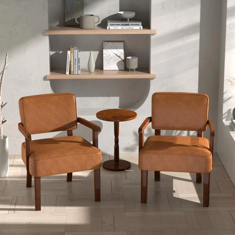 EOSVALO Ensemble de Trois Fauteuil à accoudoirs en Bois Solide, Fauteuils de Salon Moderne de Milieu de siècle, Confortable pour Salon/Bureau/étude (Marron Cuir, 1 Chaise)