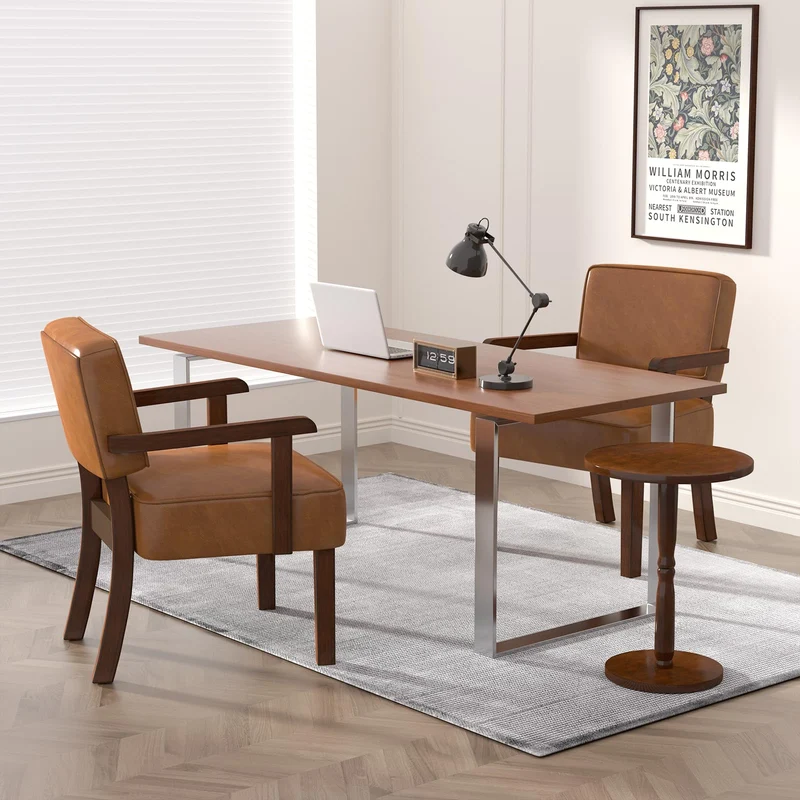 EOSVALO Ensemble de Trois Fauteuil à accoudoirs en Bois Solide, Fauteuils de Salon Moderne de Milieu de siècle, Confortable pour Salon/Bureau/étude (Marron Cuir, 1 Chaise)