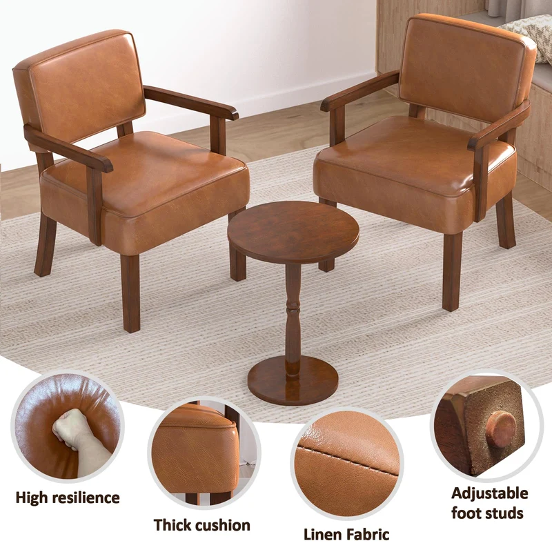 EOSVALO Ensemble de Trois Fauteuil à accoudoirs en Bois Solide, Fauteuils de Salon Moderne de Milieu de siècle, Confortable pour Salon/Bureau/étude (Marron Cuir, 1 Chaise)