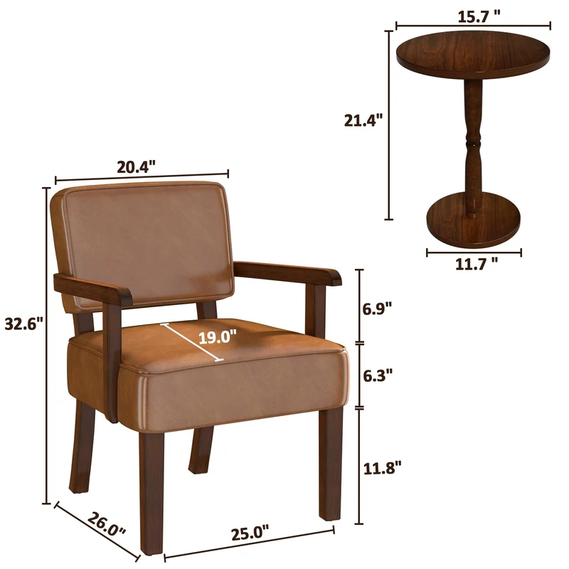 EOSVALO Ensemble de Trois Fauteuil à accoudoirs en Bois Solide, Fauteuils de Salon Moderne de Milieu de siècle, Confortable pour Salon/Bureau/étude (Marron Cuir, 1 Chaise)