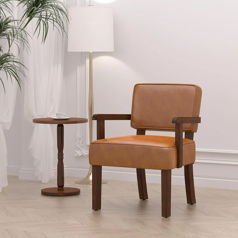 EOSVALO Ensemble de Trois Fauteuil à accoudoirs en Bois Solide, Fauteuils de Salon Moderne de Milieu de siècle, Confortable pour Salon/Bureau/étude (Marron Cuir, 1 Chaise)