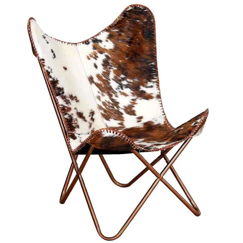 vidaXL Chaise Papillon Marron et Blanc Cuir de Vache, Fauteuil, Chaise Longue, Chaise Papillon en Cuir, fauteuils, chaises Longues