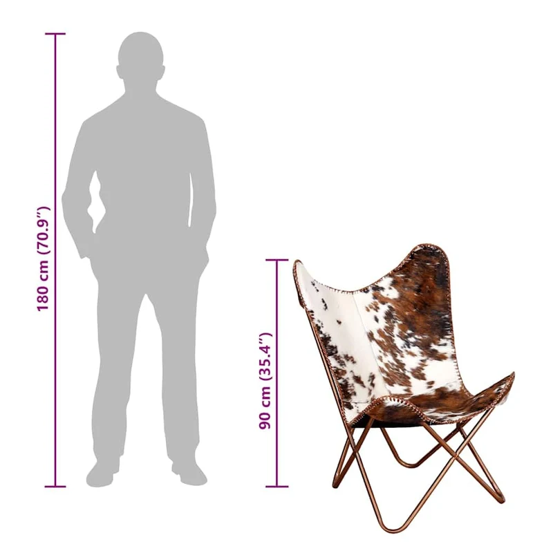 vidaXL Chaise Papillon Marron et Blanc Cuir de Vache, Fauteuil, Chaise Longue, Chaise Papillon en Cuir, fauteuils, chaises Longues