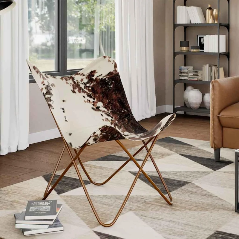 vidaXL Chaise Papillon Marron et Blanc Cuir de Vache, Fauteuil, Chaise Longue, Chaise Papillon en Cuir, fauteuils, chaises Longues