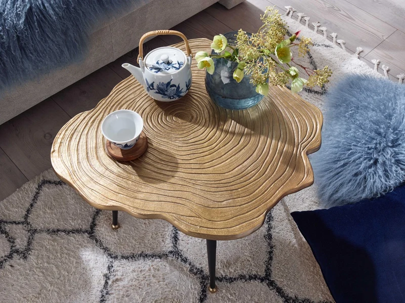 FineBuy Table Basse de Salon Métal 64x64x37 cm Disque d'arbre Aluminium Or | Petite Table de Canapé | Design Table d'appoint Style Moderne