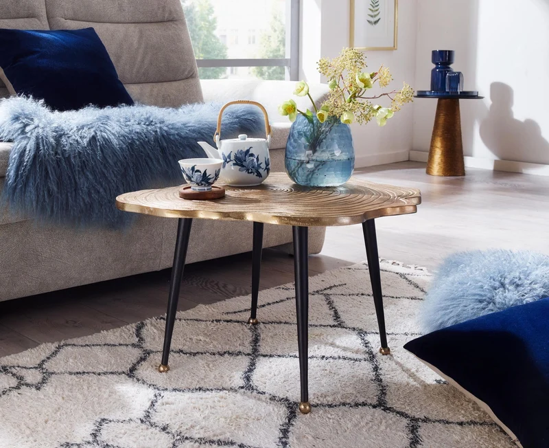 FineBuy Table Basse de Salon Métal 64x64x37 cm Disque d'arbre Aluminium Or | Petite Table de Canapé | Design Table d'appoint Style Moderne
