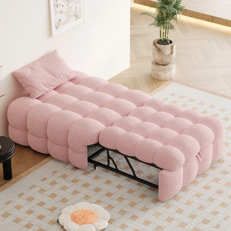 PUGSDRLY Canape Lit 1 Place Convertible,Pouf Salon,Canapé Convertible,Design Rétractablem,Lit Capitonné 1 Place,Tissu Peluche (Rose)