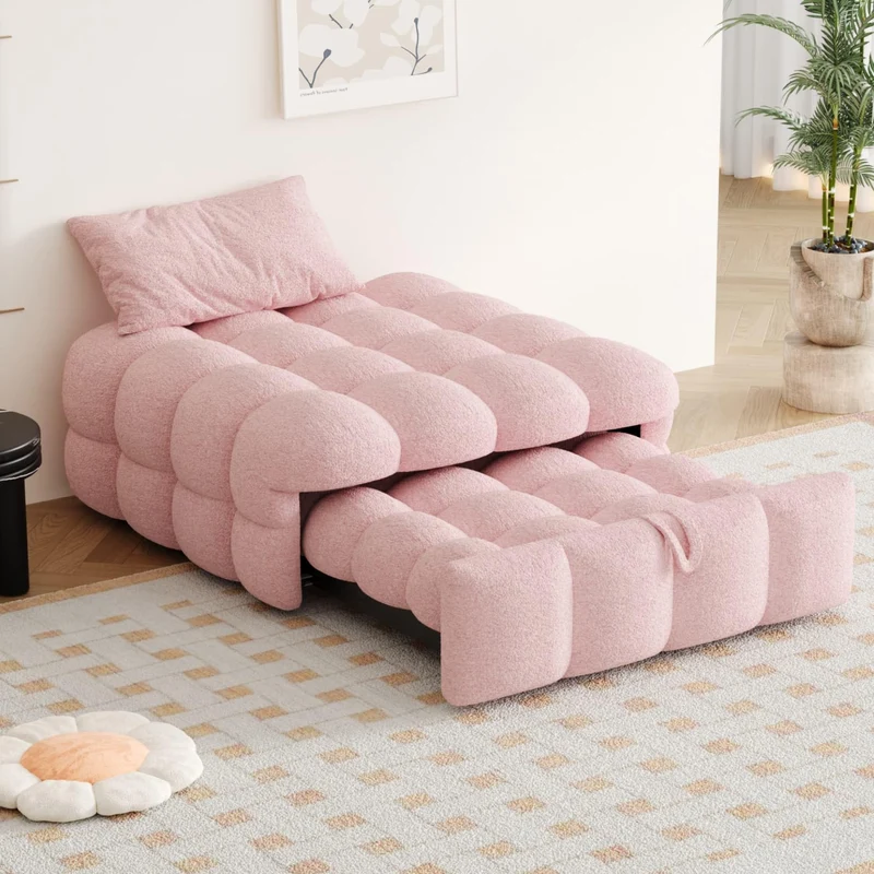 PUGSDRLY Canape Lit 1 Place Convertible,Pouf Salon,Canapé Convertible,Design Rétractablem,Lit Capitonné 1 Place,Tissu Peluche (Rose)