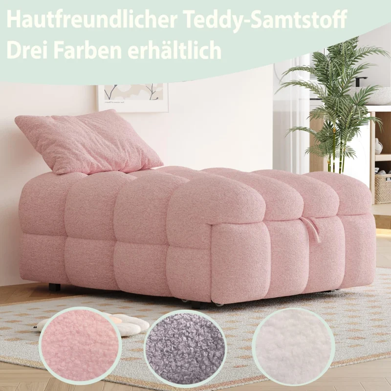 PUGSDRLY Canape Lit 1 Place Convertible,Pouf Salon,Canapé Convertible,Design Rétractablem,Lit Capitonné 1 Place,Tissu Peluche (Rose)