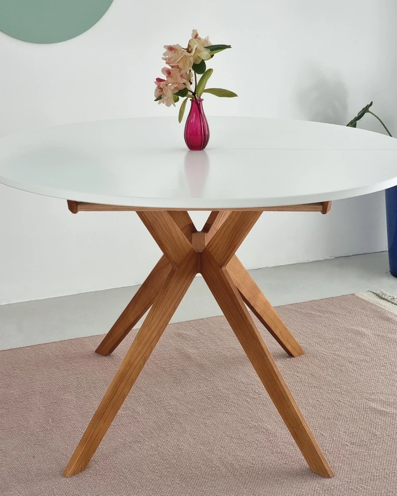 RAGABA Biju Table à manger ronde extensible 120 cm pour 6 personnes, en frêne massif et panneau MDF, peu encombrante, extensible, bleu pigeon