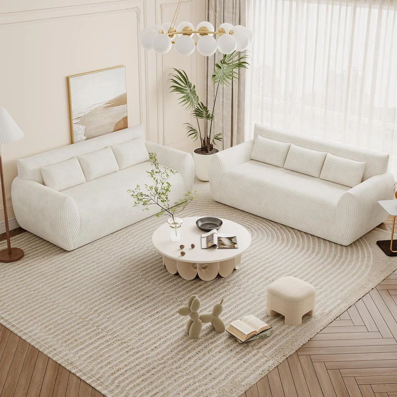 Vesgantti Canapé 3 Places 200 × 94 × 80 cm en Velours Côtelé, Canapé de Sol Rembourré avec 3 Coussins, sans Montage, Idéal pour Salon, Chambre et Bureau, Blanc