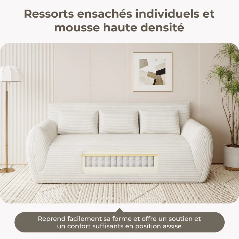 Vesgantti Canapé 3 Places 200 × 94 × 80 cm en Velours Côtelé, Canapé de Sol Rembourré avec 3 Coussins, sans Montage, Idéal pour Salon, Chambre et Bureau, Blanc