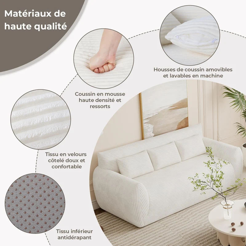 Vesgantti Canapé 3 Places 200 × 94 × 80 cm en Velours Côtelé, Canapé de Sol Rembourré avec 3 Coussins, sans Montage, Idéal pour Salon, Chambre et Bureau, Blanc