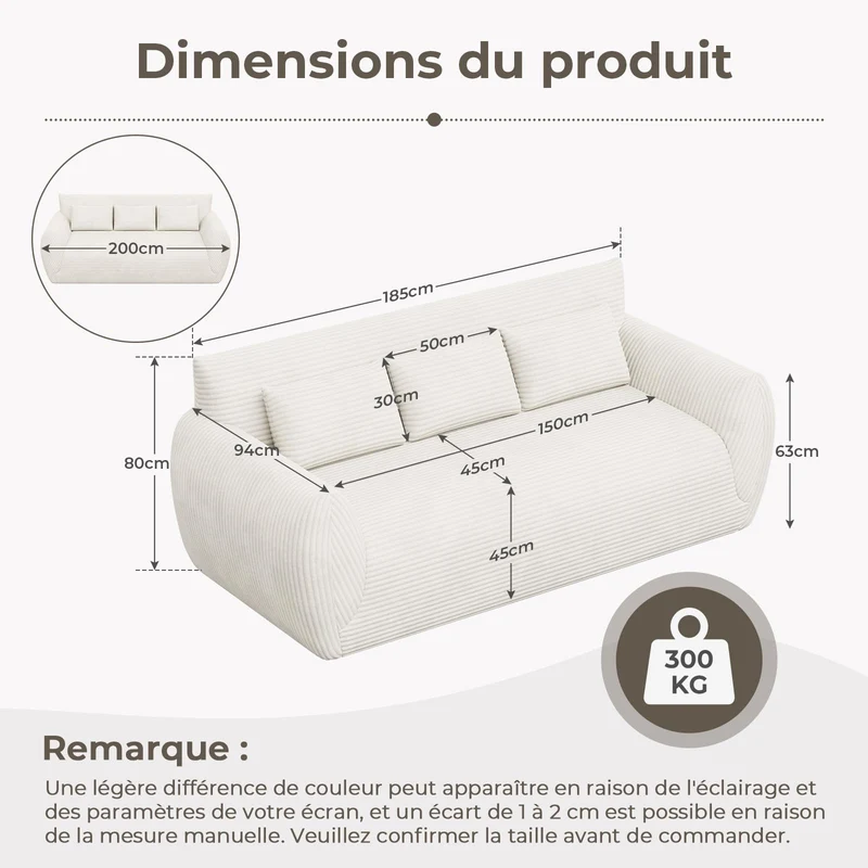 Vesgantti Canapé 3 Places 200 × 94 × 80 cm en Velours Côtelé, Canapé de Sol Rembourré avec 3 Coussins, sans Montage, Idéal pour Salon, Chambre et Bureau, Blanc