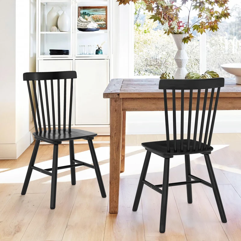 LUE BONA Lot de 2 Chaises de Salle à Manger, Chaise en Bois Massif avec Dossier à Barreaux, Style Windsor Classique pour Cuisine & Salon, Noir