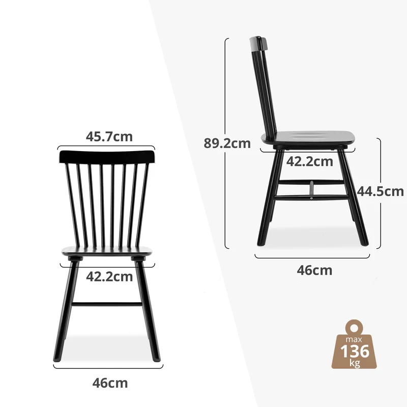 LUE BONA Lot de 2 Chaises de Salle à Manger, Chaise en Bois Massif avec Dossier à Barreaux, Style Windsor Classique pour Cuisine & Salon, Noir