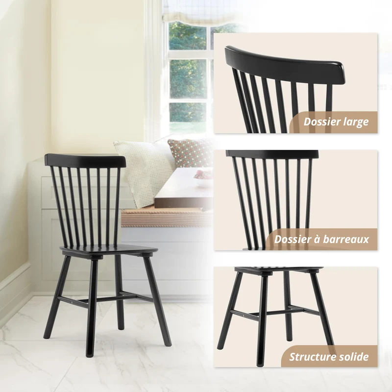 LUE BONA Lot de 2 Chaises de Salle à Manger, Chaise en Bois Massif avec Dossier à Barreaux, Style Windsor Classique pour Cuisine & Salon, Noir