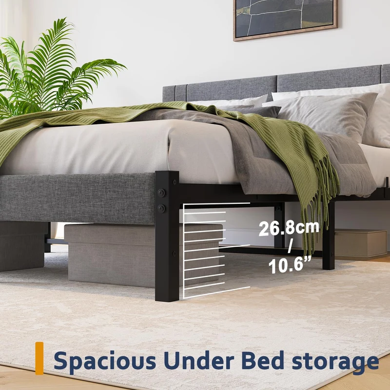 DUMEE Cadre de lit king size de 1,5 m avec tête de lit rembourrée, cadre de lit rembourré avec support à lattes en métal, lit king size gris