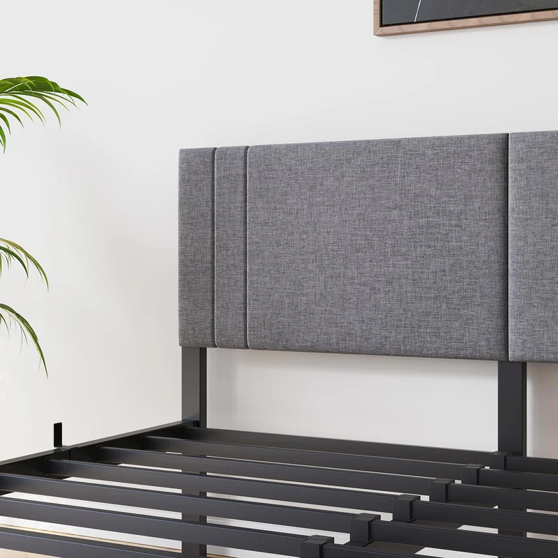 DUMEE Cadre de lit king size de 1,5 m avec tête de lit rembourrée, cadre de lit rembourré avec support à lattes en métal, lit king size gris