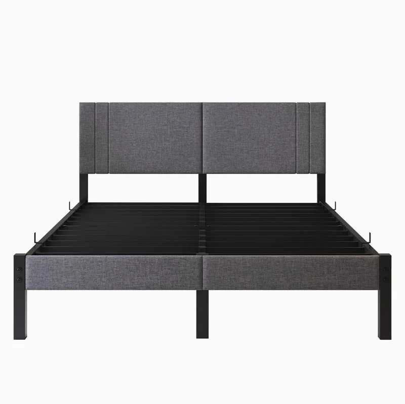 DUMEE Cadre de lit king size de 1,5 m avec tête de lit rembourrée, cadre de lit rembourré avec support à lattes en métal, lit king size gris