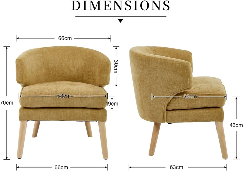 DAYALANE Fauteuil Salon avec Double Coussin Chaise de Relaxation en Chenille avec Pieds en Bois Fauteuil de Loisirs Confortable pour Chambre, Jaune