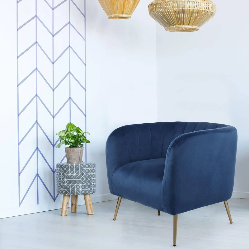 Menzzo Fauteuil Moderne Bombaro Pieds métal doré et Velours Bleu