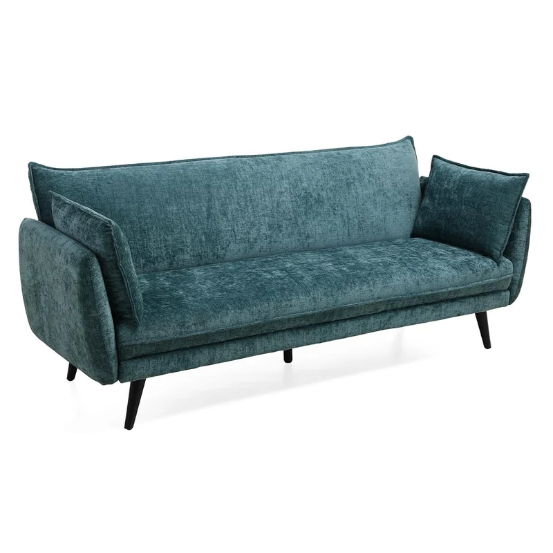 Meubletmoi Canapé 3 Places Convertible en Tissu Doux Bleu Canard avec Pieds en Bois d'Eucalyptus Noir - Hugues