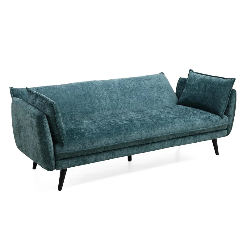 Meubletmoi Canapé 3 Places Convertible en Tissu Doux Bleu Canard avec Pieds en Bois d'Eucalyptus Noir - Hugues