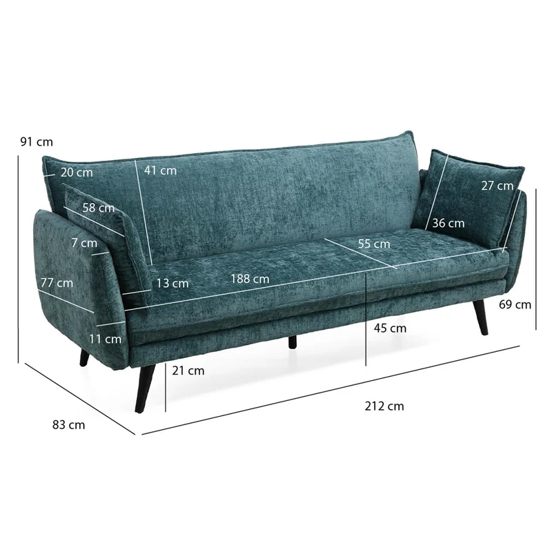 Meubletmoi Canapé 3 Places Convertible en Tissu Doux Bleu Canard avec Pieds en Bois d'Eucalyptus Noir - Hugues