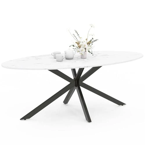 IDMarket - Table à Manger Ovale Alix 10 Personnes Pied araignée Noir et Plateau Effet marbre Blanc Alaska 200 cm