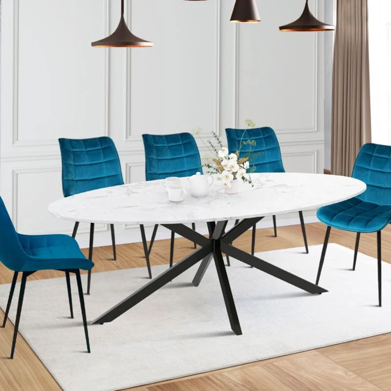 IDMarket - Table à Manger Ovale Alix 10 Personnes Pied araignée Noir et Plateau Effet marbre Blanc Alaska 200 cm
