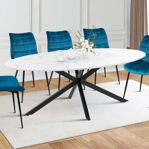 IDMarket - Table à Manger Ovale Alix 10 Personnes Pied araignée Noir et Plateau Effet marbre Blanc Alaska 200 cm