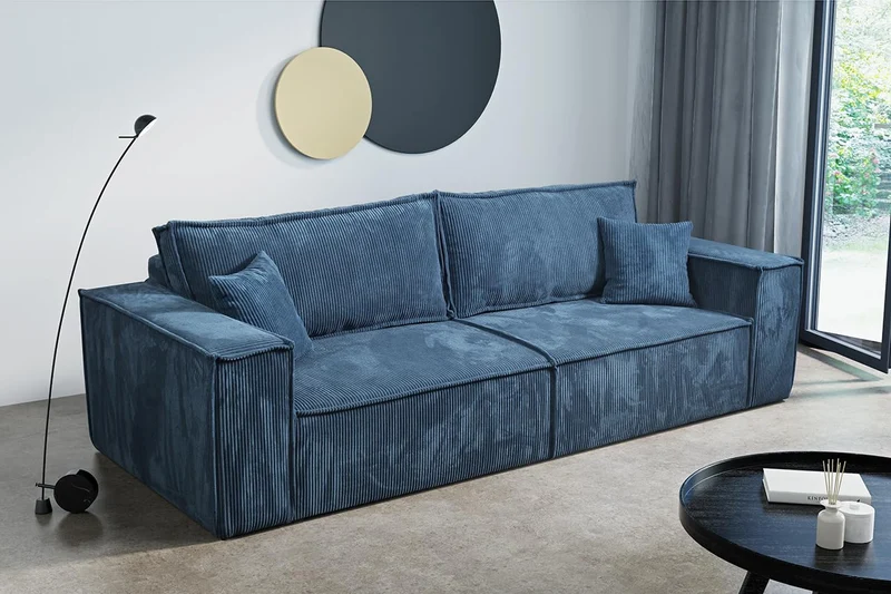 Tendencio Canapé Convertible 3 Places Vella en Velours côtelé - 255 cm - Mode lit et Coffre de Rangement (Bleu)