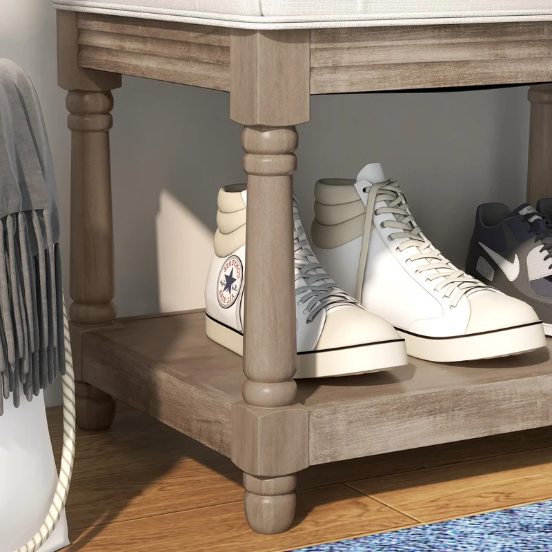 HOMCOM Banquette, Banc à Chaussures capitonnée, Bout de lit, 115 cm, 2 Niveaux étagère, Style Classique, piètement en Bois sculpté, rembourrée en Lin, Beige