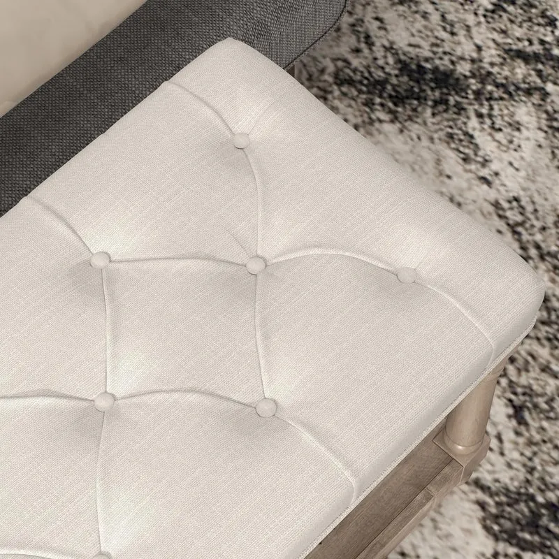 HOMCOM Banquette, Banc à Chaussures capitonnée, Bout de lit, 115 cm, 2 Niveaux étagère, Style Classique, piètement en Bois sculpté, rembourrée en Lin, Beige