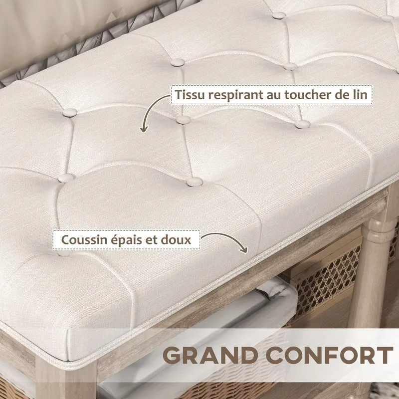 HOMCOM Banquette, Banc à Chaussures capitonnée, Bout de lit, 115 cm, 2 Niveaux étagère, Style Classique, piètement en Bois sculpté, rembourrée en Lin, Beige