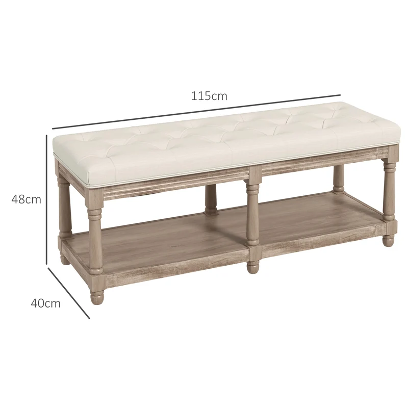 HOMCOM Banquette, Banc à Chaussures capitonnée, Bout de lit, 115 cm, 2 Niveaux étagère, Style Classique, piètement en Bois sculpté, rembourrée en Lin, Beige